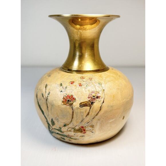 Solid Brass Enameled Cloisonne Vase Flowers 5" India Heavy - Picture 5 of 10